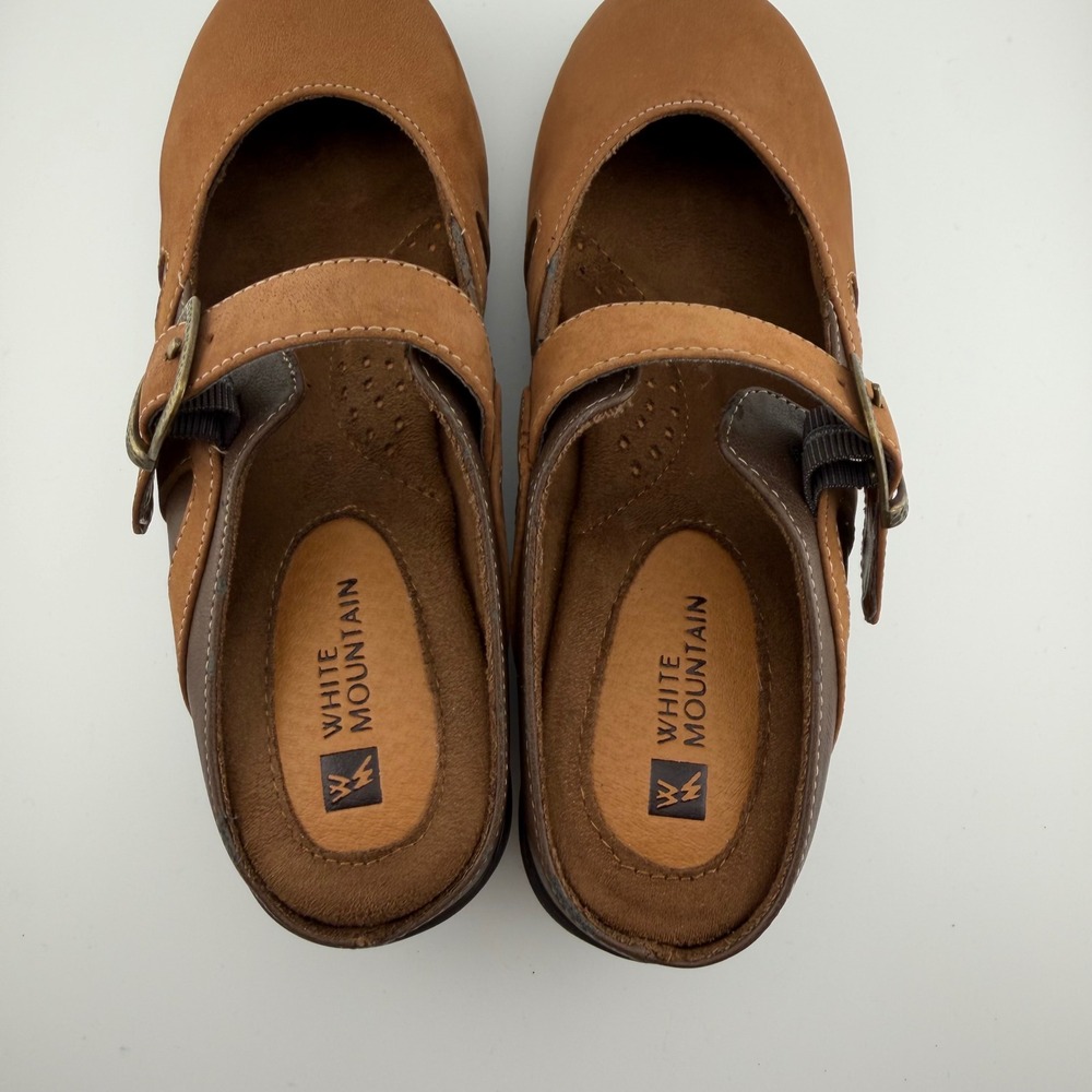 White Mountain Mary Jane Mules Women Size 6M Brown Leather Clogs 2.5" Wedge - Picture 3 of 9